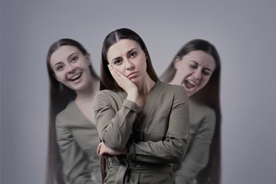 Woman with personality disorder on light background, multiple exposure 