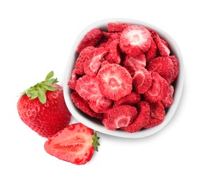 Sweet sublimated and fresh strawberries on white background, top view