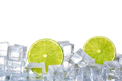 Ice cubes and limes on white background