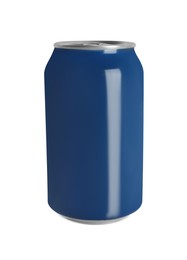 Photo of Blue can with beverage isolated on white. Mockup for design