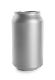 Silver can with beverage isolated on white. Mockup for design