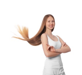 Teenage girl with strong healthy hair on white background