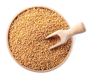 Mustard seeds with wooden bowl and scoop isolated on white, top view
