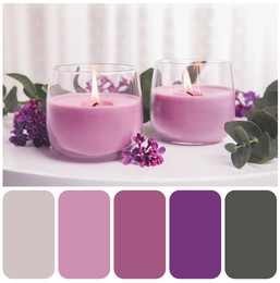 Color palette appropriate to photo of burning candles in glass holders and flowers on white table
