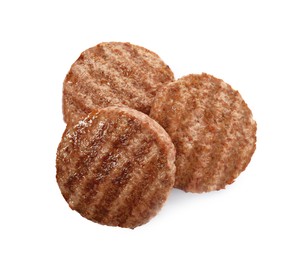 Tasty grilled hamburger patties on white background, top view