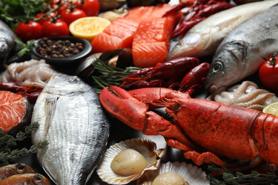 Fresh fish and different seafood on table, closeup