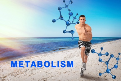 Metabolism concept. Molecular chain illustration and athletic young man running  near sea on sunny day 