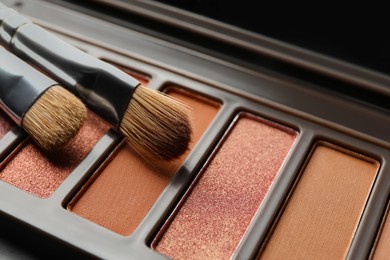 Photo of Beautiful eye shadow palette and brushes, closeup