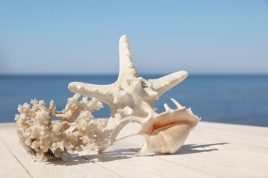 Beautiful starfish, coral and shell on wooden pier near sea, closeup