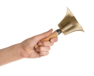 Woman ringing school bell on white background, closeup