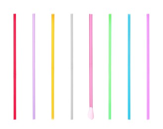 Set with different straws for drinks on white background