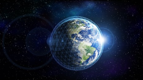 Image of Global network connection. Earth in open space and digital web, illustration