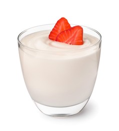 Glass of delicious yogurt with strawberries isolated on white