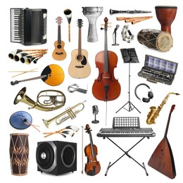 Collection of different musical instruments on white background