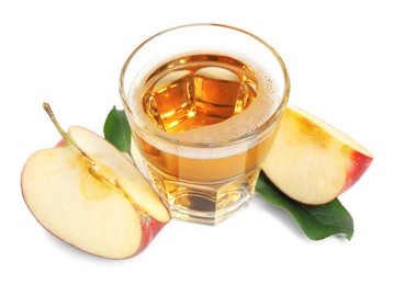 Delicious cider in glass near pieces of ripe apple on white background