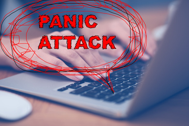 Woman working with laptop, closeup. Use information safely to avoid panic attack
