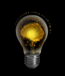 Lamp bulb with human brain inside on black background. Idea generation