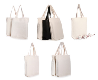 Set of eco bags on white background