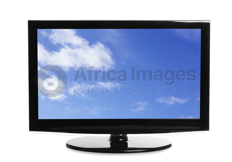 Image of Modern plasma TV with skyscape on screen against white background