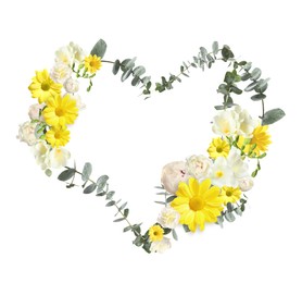 Beautiful heart shaped composition made with tender flowers and green leaves on white background