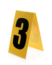 Photo of Yellow crime scene marker with number three on white background