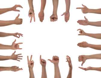 Collage with man showing different gestures on white background, closeup view of hands