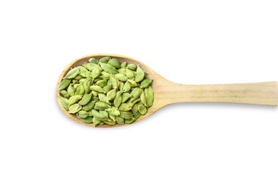 Wooden spoon full of cardamom on white background, top view