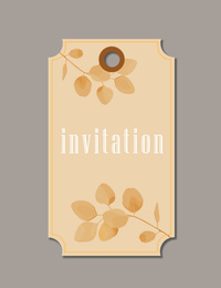 Wedding invitation tag with floral design on grey background, top view