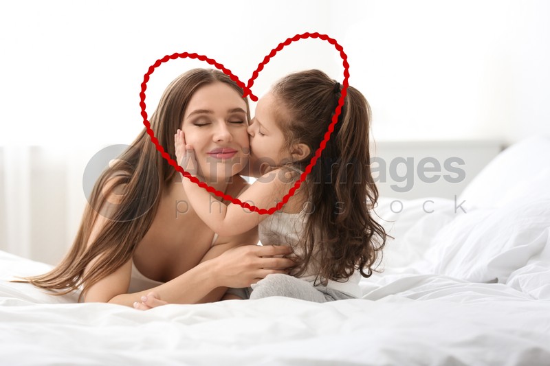 Illustration of red heart and happy mother with little daughter in bedroom