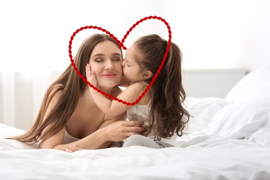 Illustration of red heart and happy mother with little daughter in bedroom