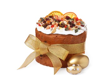 Photo of Traditional Easter cake with dried fruits and painted eggs on white background