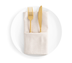 Stylish elegant cutlery with napkin in plate isolated on white, top view