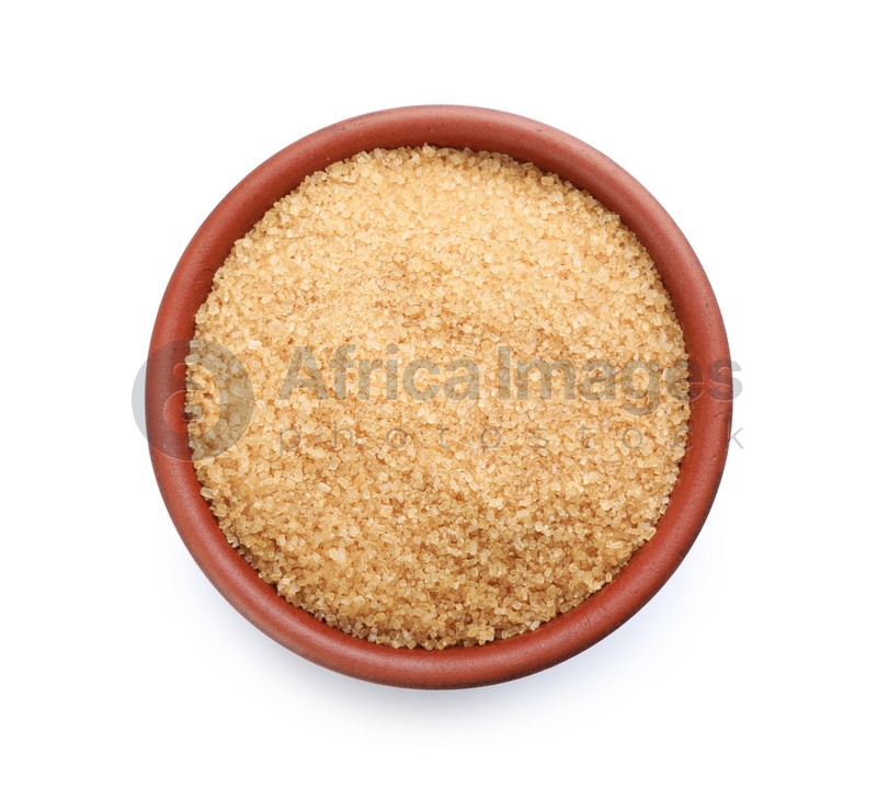Bowl with brown sugar isolated on white, top view