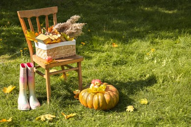 Rubber boots, chair, pumpkin and apples on green grass, space for text. Autumn atmosphere