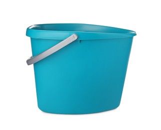 Empty light blue bucket for cleaning isolated on white