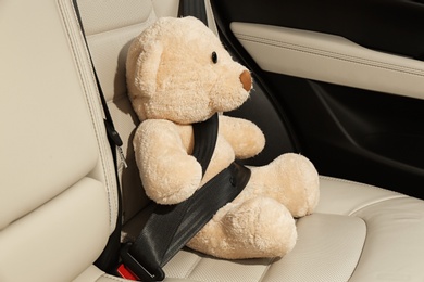 Cute stuffed toy bear buckled in backseat of car