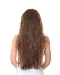 Photo of Woman with tangled brown hair on white background