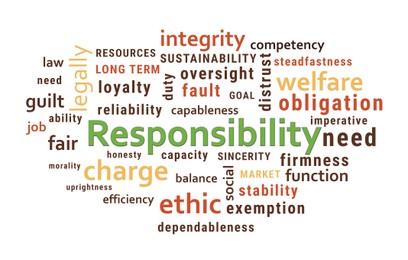 Social responsibility concept. Many different words written on white background, illustration 