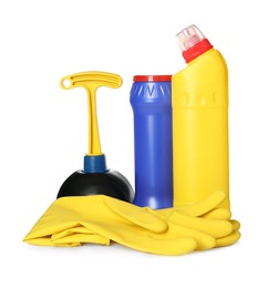 Toilet cleaner bottles, plunger and gloves isolated on white
