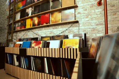 Rack and shelves with different vinyl records in store