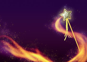 Beautiful magic wand with fairy sparkle on color background