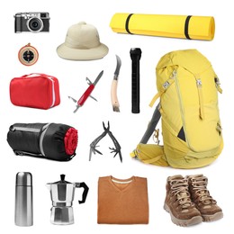 Set with different camping equipment on white background