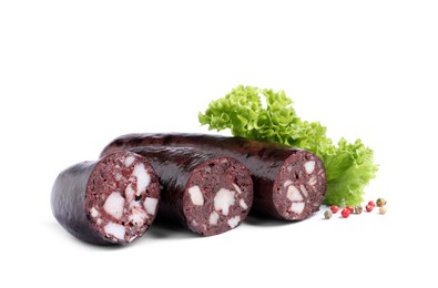 Tasty blood sausages with lettuce and pepper on white background
