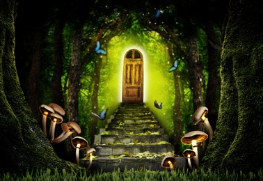Image of Fantasy world. Mushrooms at stone steps leading to magic door in enchanted forest