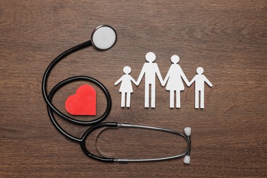 Paper family cutout, red heart and stethoscope on wooden background, flat lay. Insurance concept