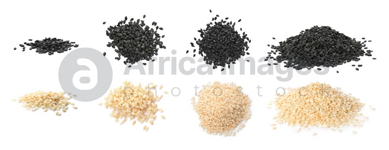 Set with different sesame seeds on white background. top view. Banner design