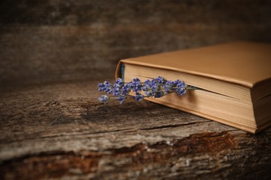 Closed book with beautiful dried flowers on wooden table, closeup. Space for text