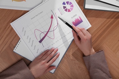 Businesswoman working with charts and graphs at table, top view. Investment analysis