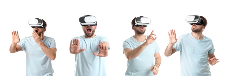 Young man using virtual reality headset on white background, collage. Banner design