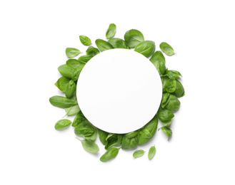 Green basil leaves and blank card on white background, top view. Space for text